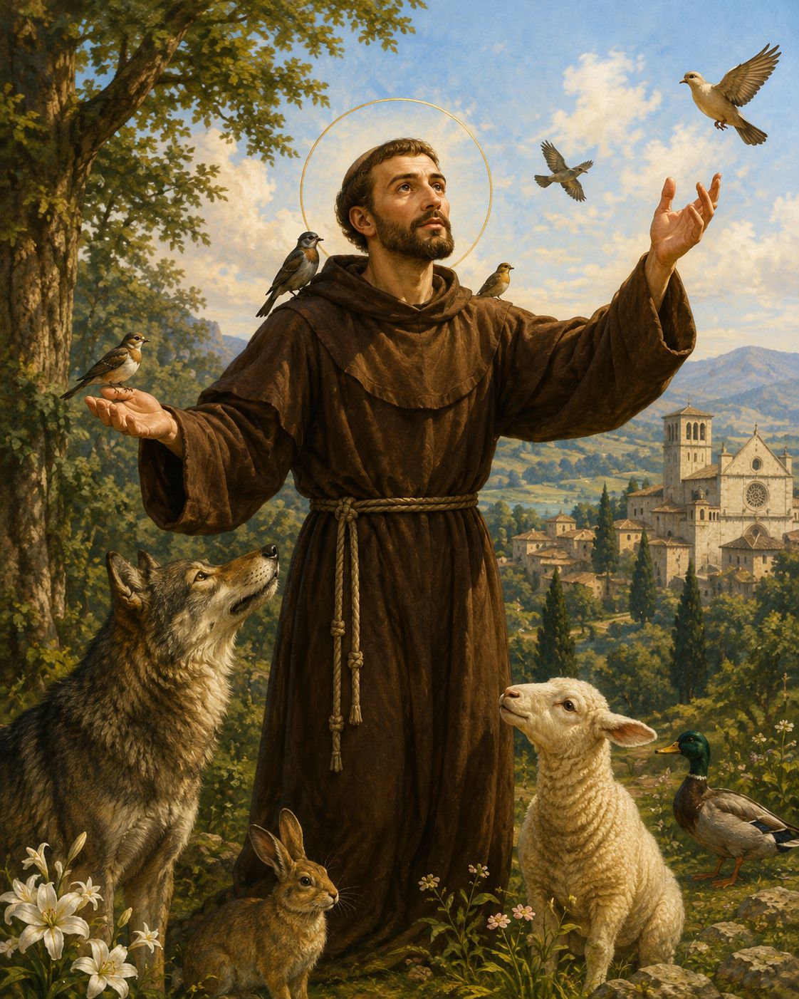 Saint Francis of Assisi preaching to the birds in a forest setting with animals gathered around him