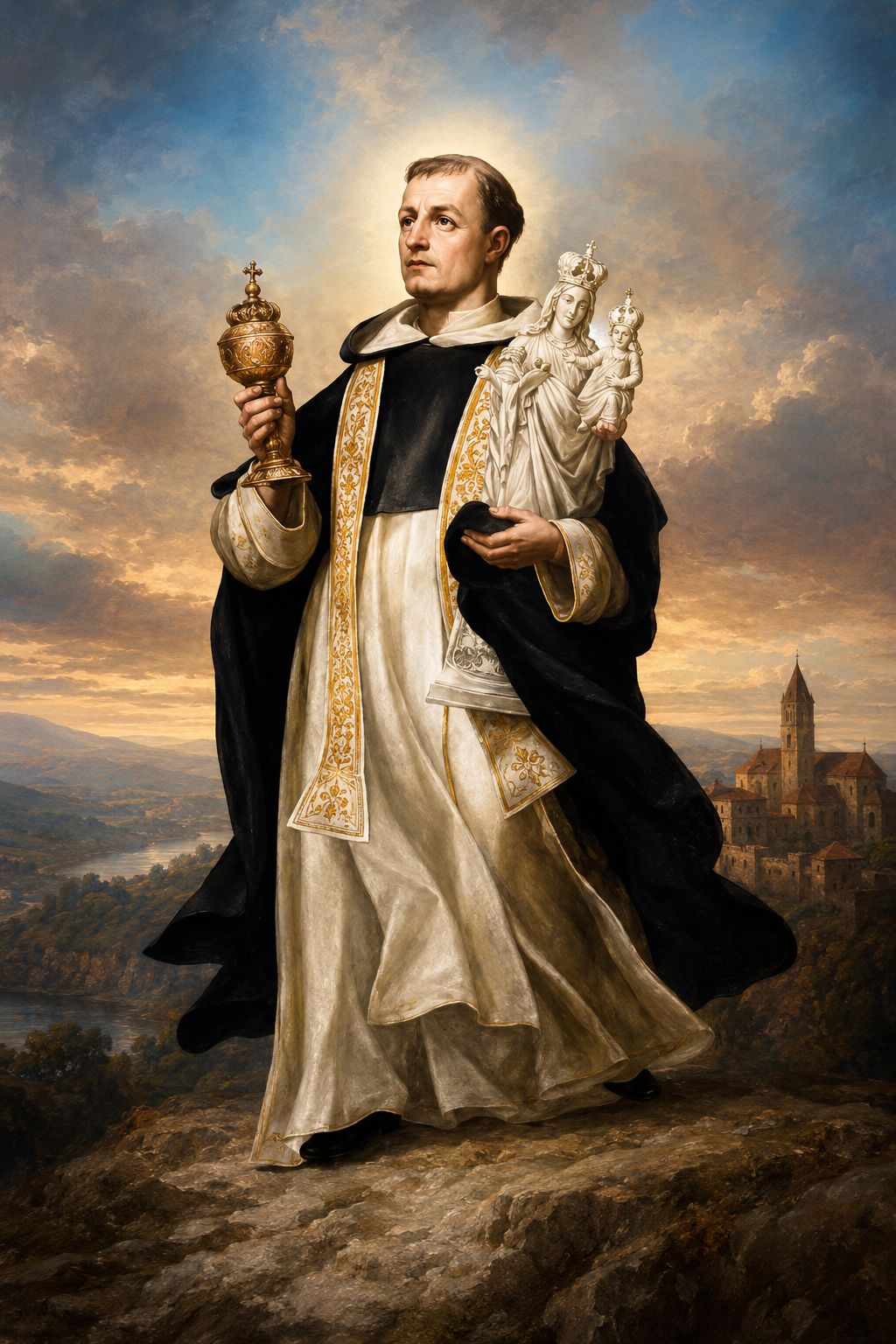 Saint Hyacinth of Poland monstrance and virgin mary statue