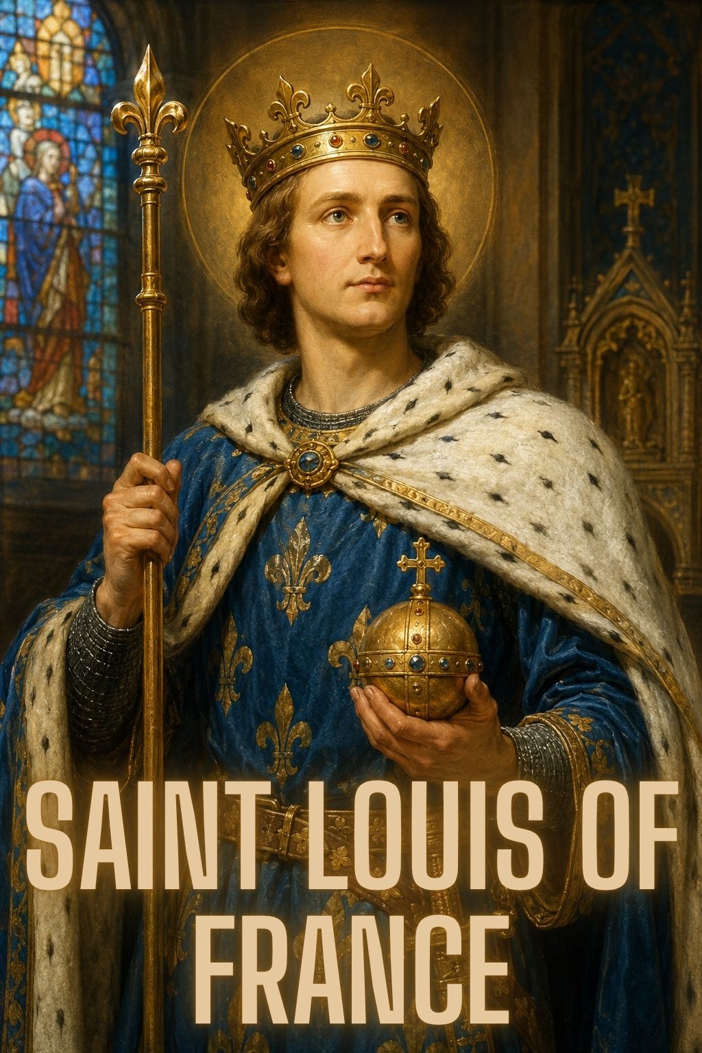 Saint Louis of France depicted in royal robes holding a sceptre