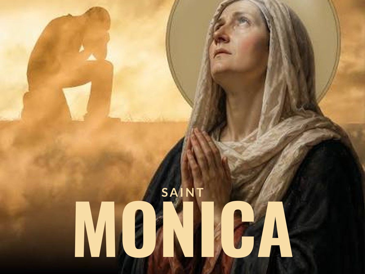 Saint Monica praying and her Son Saint Augustine in the background