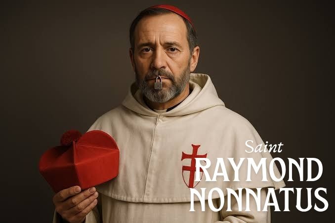 Saint Raymond Nonnatus depicted in Mercedarian habit with a Cardinal's Hat and Padlock on his Lips