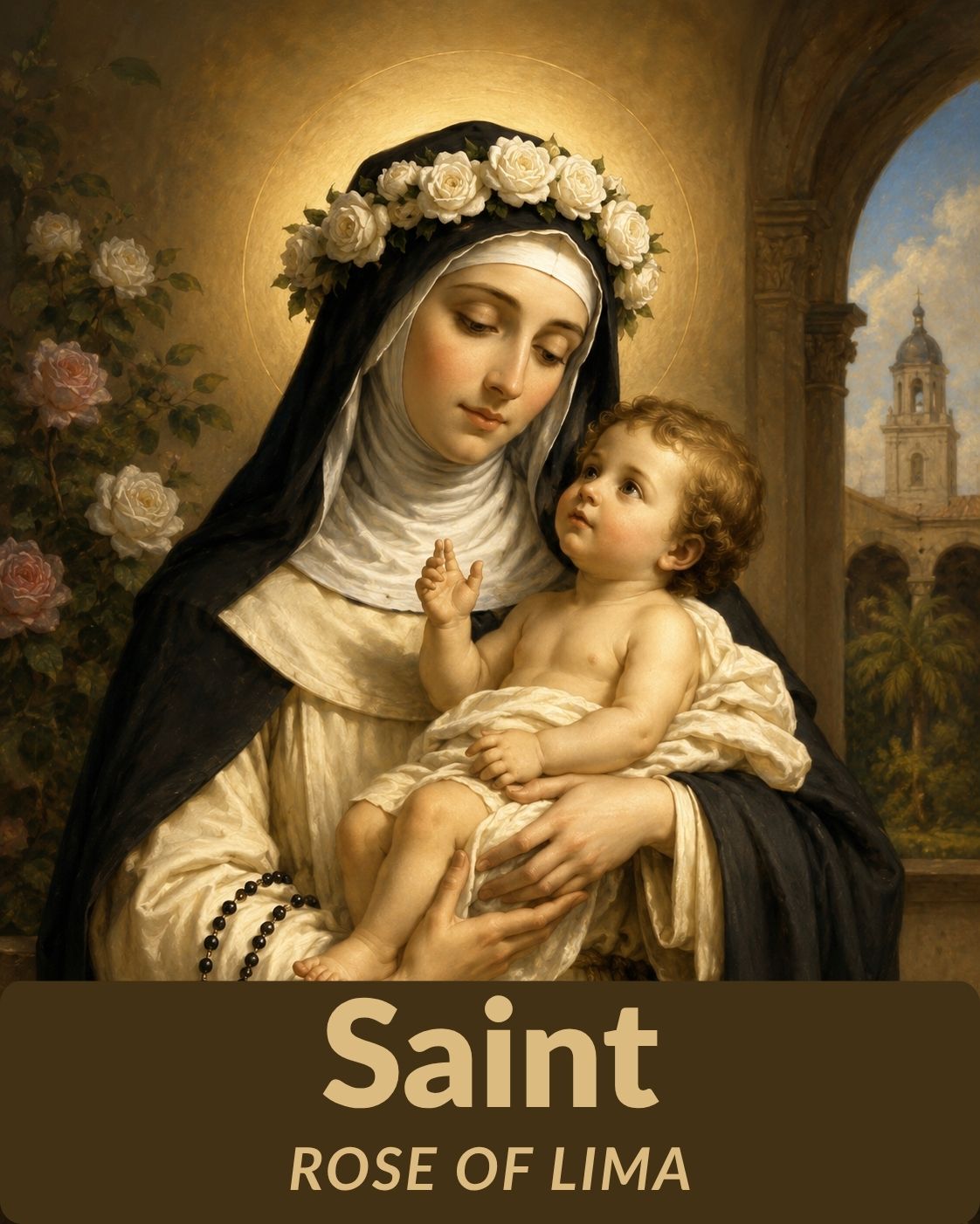 Saint Rose of Lima wearing a Dominican habit and a crown of roses