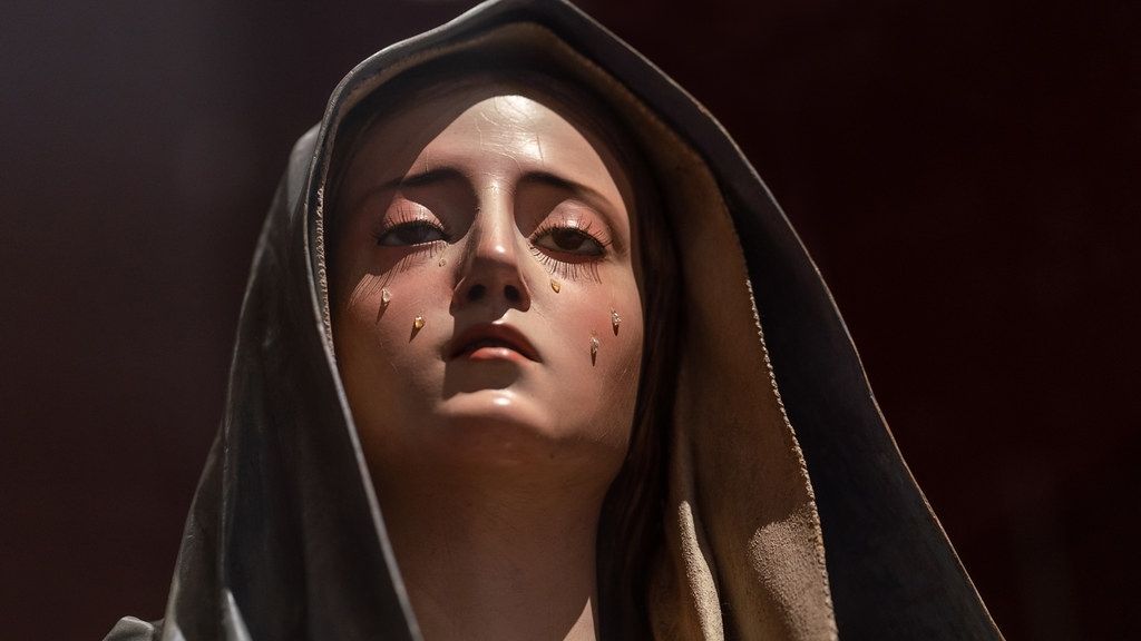 Novena to Our Lady of Sorrows icon showing Mary with tears on her Face
