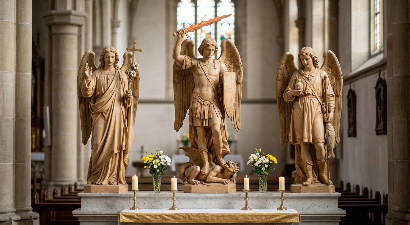 Archangels Michael, Gabriel and Raphael depicted together in traditional sacred art