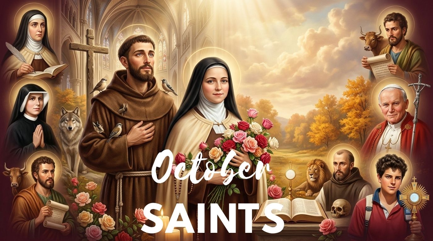 October Saints calendar showing Saint Francis of Assisi and Saint Thérèse of Lisieux
