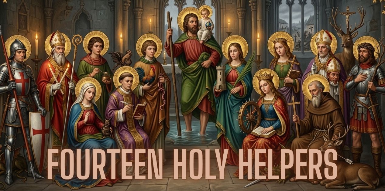 The Fourteen Holy Helpers depicted together in medieval religious art