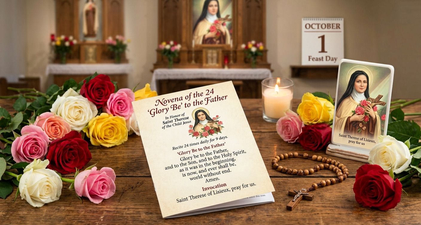 Novena of the 24 Glory Bes prayer card with roses beside Saint Therese image