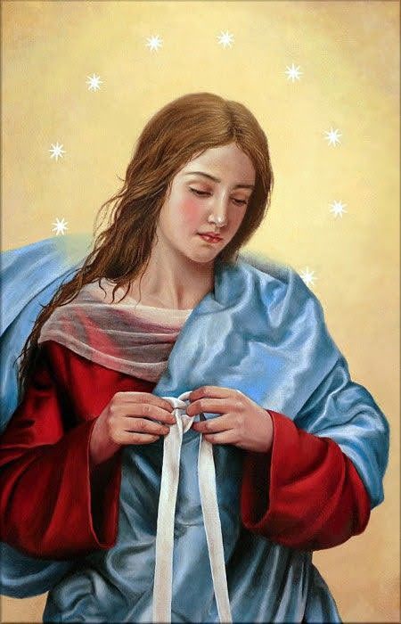 Classical painting showing Mary Undoer of Knots untying knots on a white ribbon