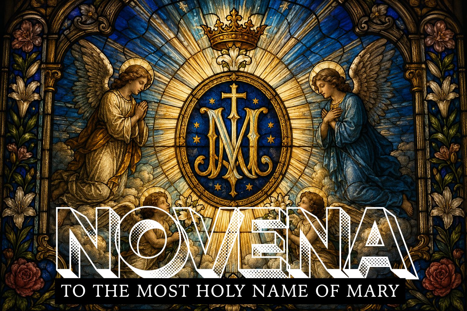 Stained glass window depicting the Holy Name of Mary surrounded by heavenly light.