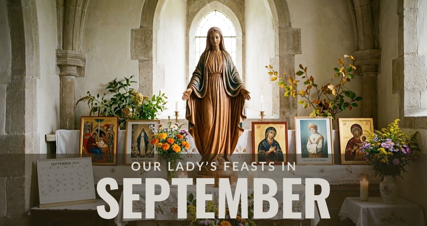 Our Lady's feast days in September calendar with Marian statue