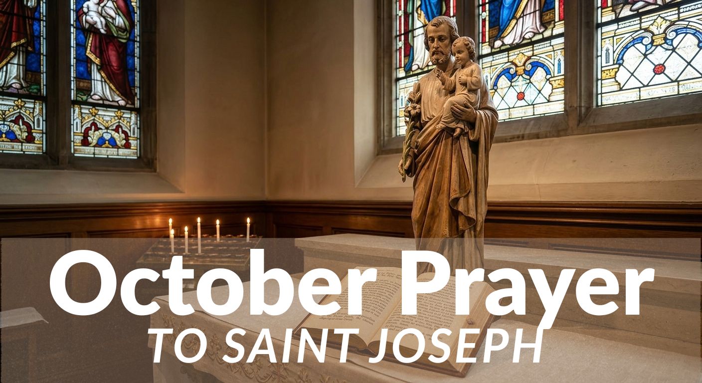 Statue of Saint Joseph holding the Child Jesus on an altar next to an open prayer book and lit candles inside a church with stained glass windows.