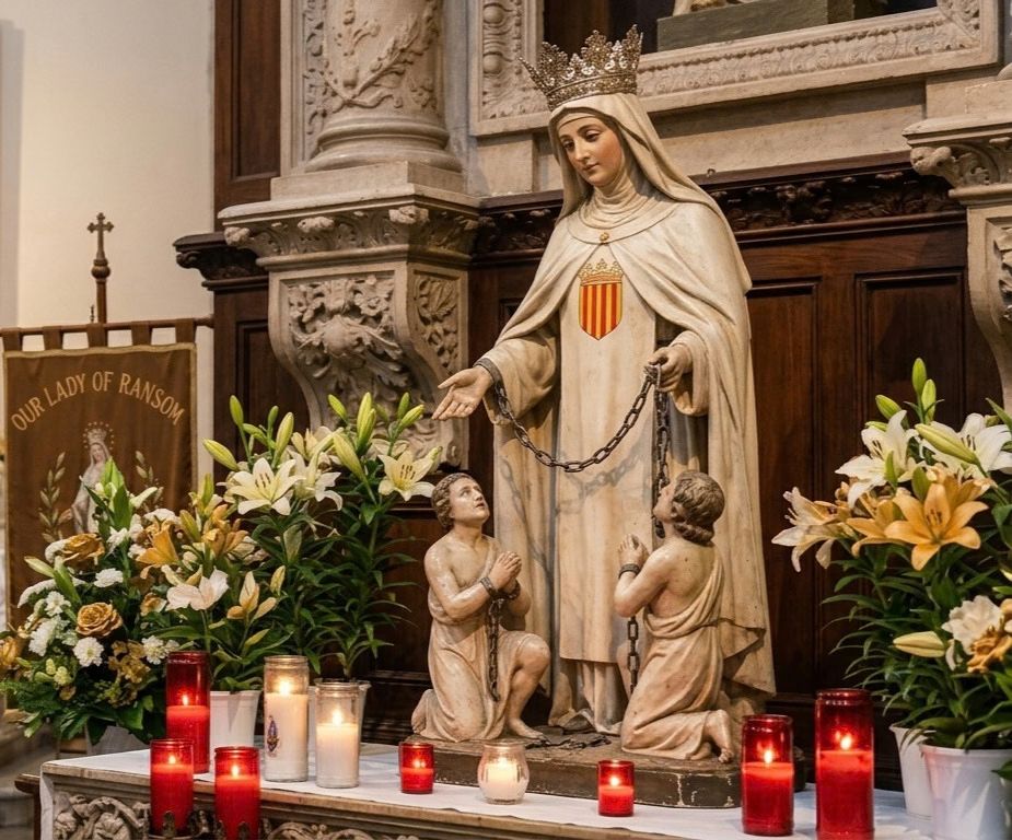 Our Lady of Ransom statue with Mercedarian white habit and captives