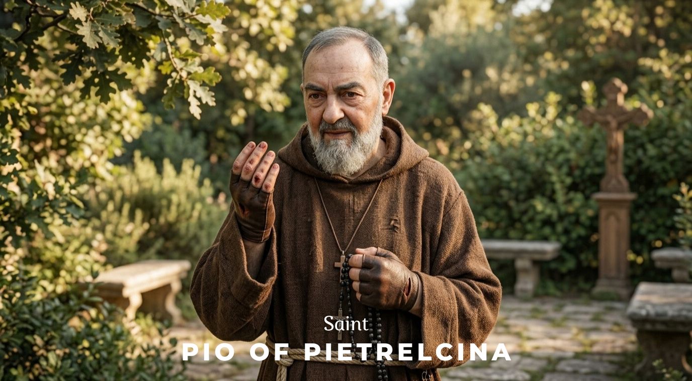 Saint Pio of Pietrelcina in Capuchin habit with visible stigmata