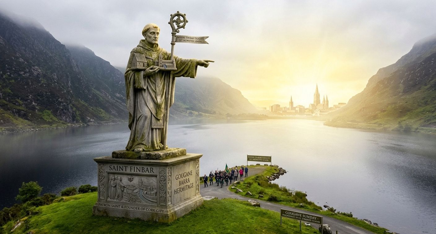 Saint Finbar of Cork statue at Gougane Barra hermitage island