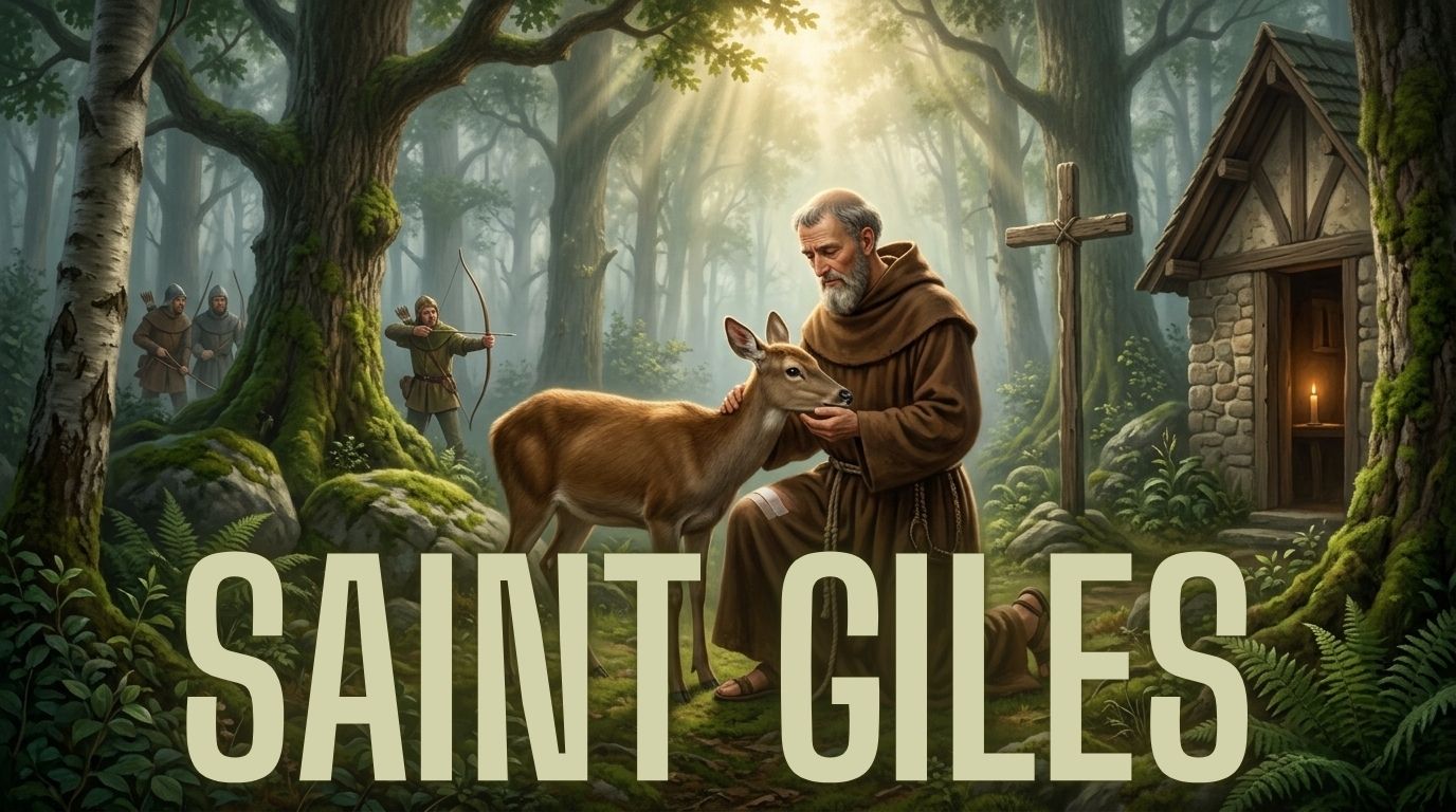 Saint Giles depicted with a hind in a medieval forest hermitage