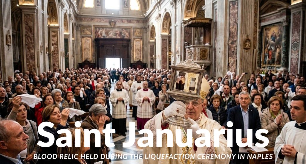 Saint Januarius blood relic held during the liquefaction ceremony in Naples