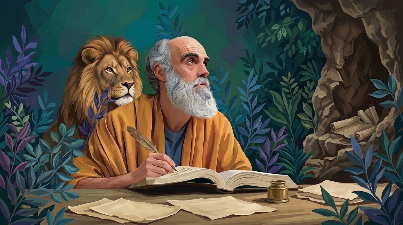 Saint Jerome depicted studying Scripture beside a lion