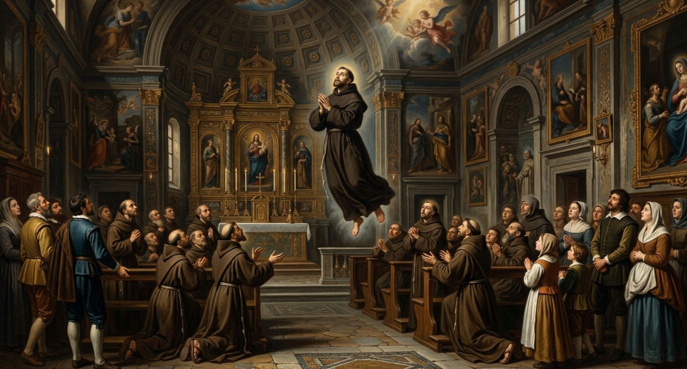 Saint Joseph of Cupertino levitating in ecstatic prayer before onlookers