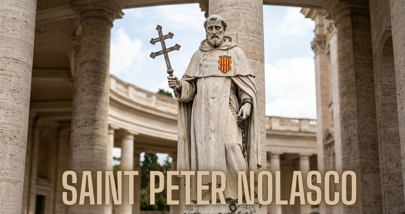 Saint Peter Nolasco statue holding double cross Mercedarian founder