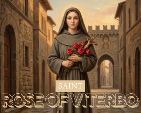 An artistic illustration of Saint Rose of Viterbo holding a crucifix