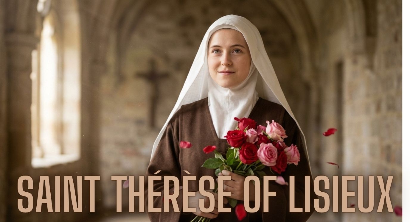 Saint Therese of Lisieux holding roses in Carmelite habit