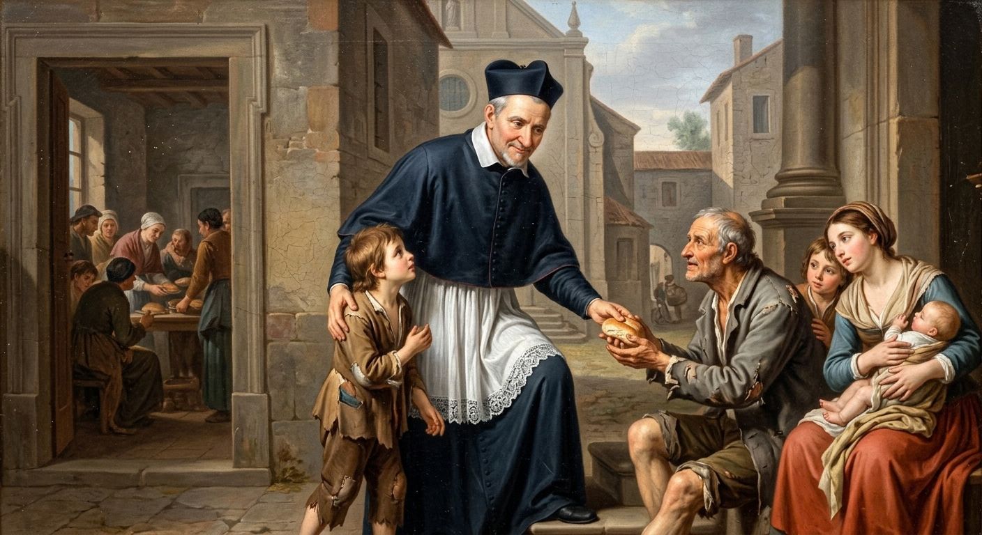 Saint Vincent de Paul depicted caring for the poor and orphans