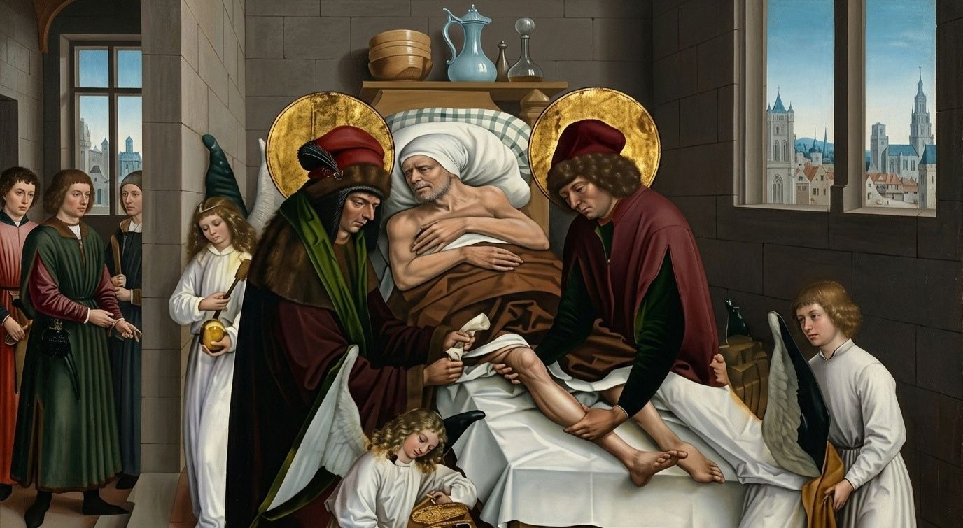 Saints Cosmas and Damian depicted as twin physicians with medical instruments