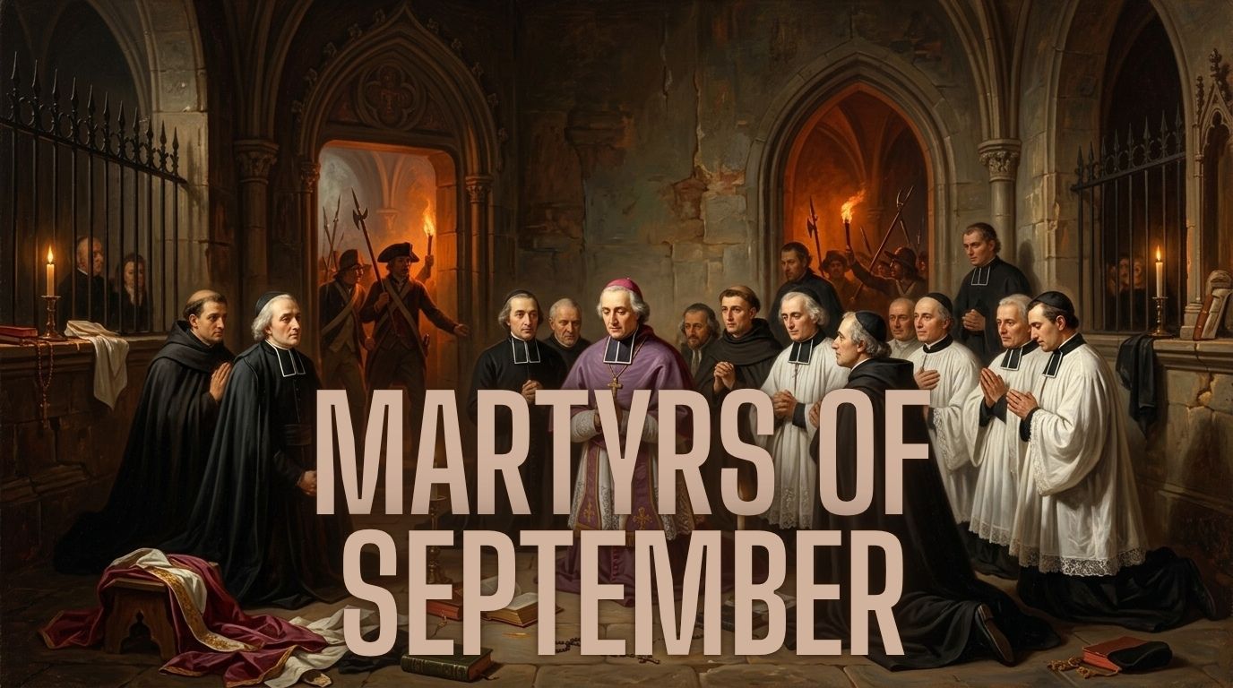 A historical engraving depicts the Martyrs of September 1792 imprisoned at the Carmelite priory in Paris during the French Revolution.
