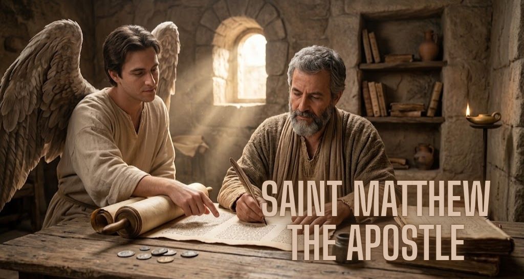 Saint Matthew the Apostle writing his Gospel with winged angel symbol