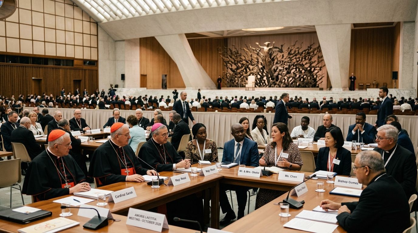 Bishops and families gather in the Paul VI Audience Hall for the Amoris Laetitia meeting at the Vatican