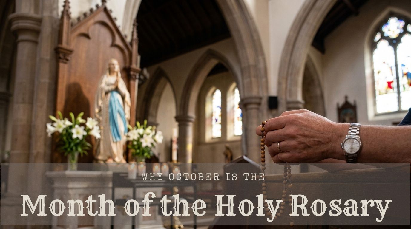 Catholic hands holding rosary beads before a statue of Our Lady during the month of the Holy Rosary