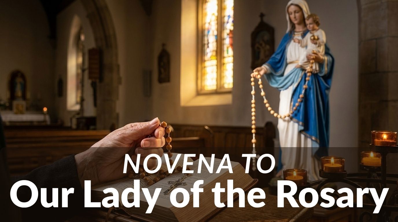 Novena to Our Lady of the Rosary, showing Mary holding a rosary in a candlelit church