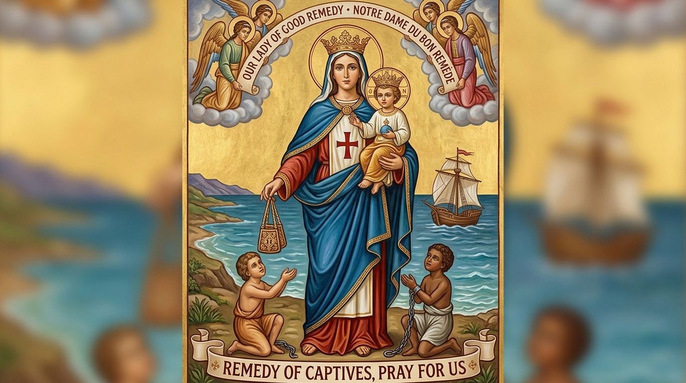 Our Lady of Good Remedy handing a bag of money to Saint John of Matha to ransom captives