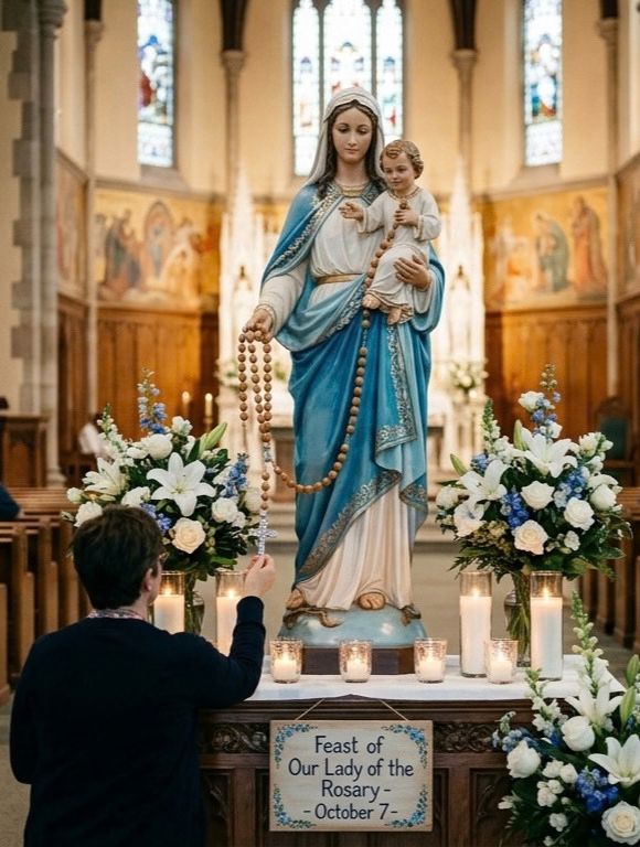 Statue of Our Lady holding a rosary on the Feast of Our Lady of the Rosary in a Catholic church