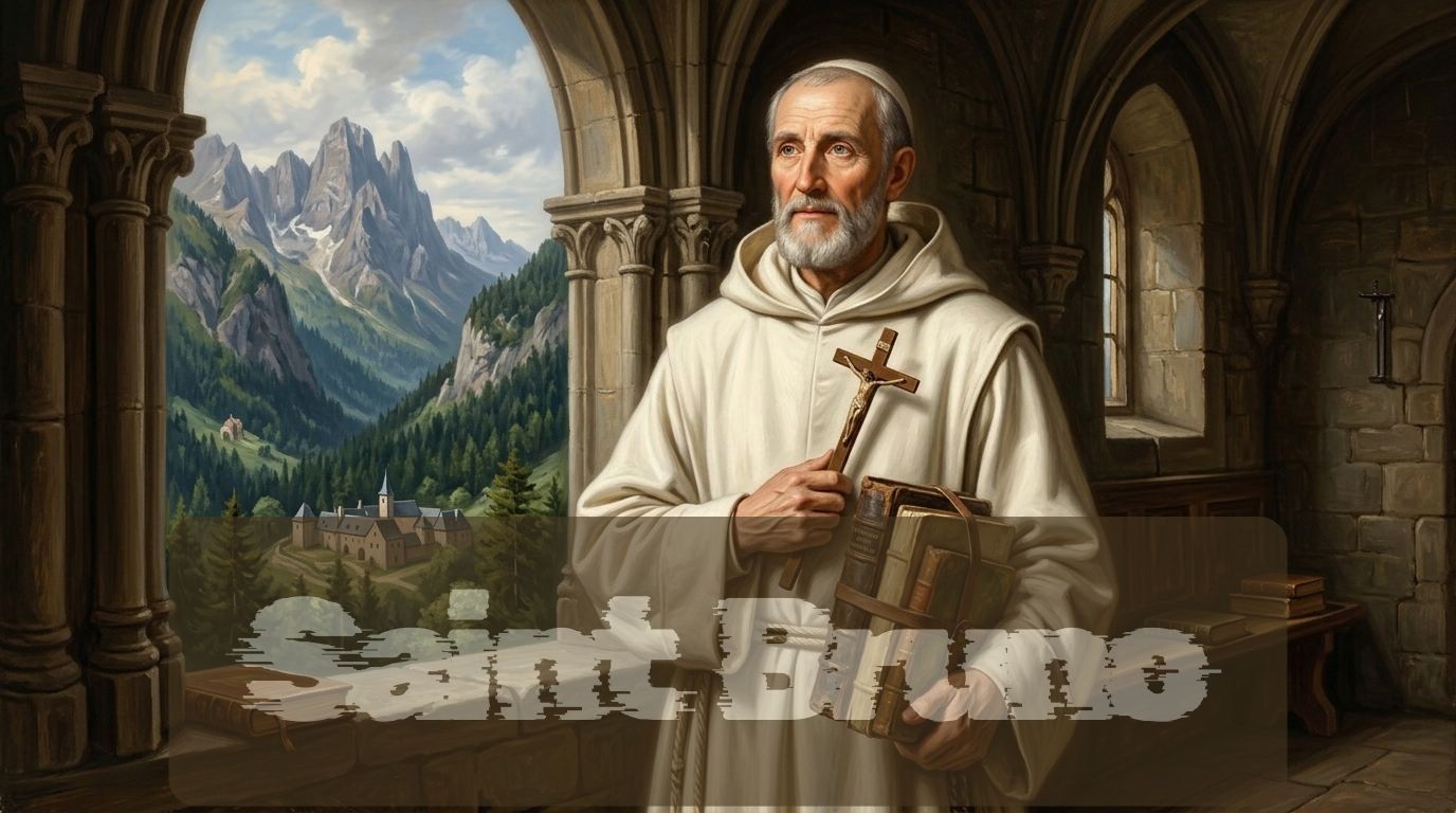 Saint Bruno of Cologne in a white Carthusian habit, holding a cross and a book