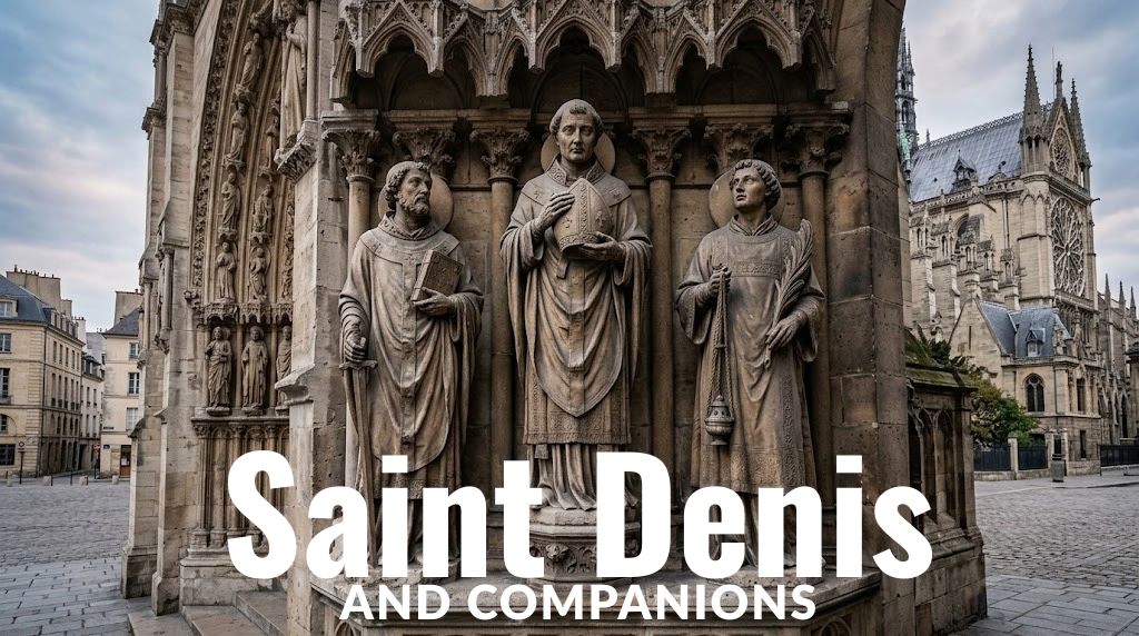 Saint Denis and Companions shown as martyrs, with Denis carrying his head, in a sculpture of Paris