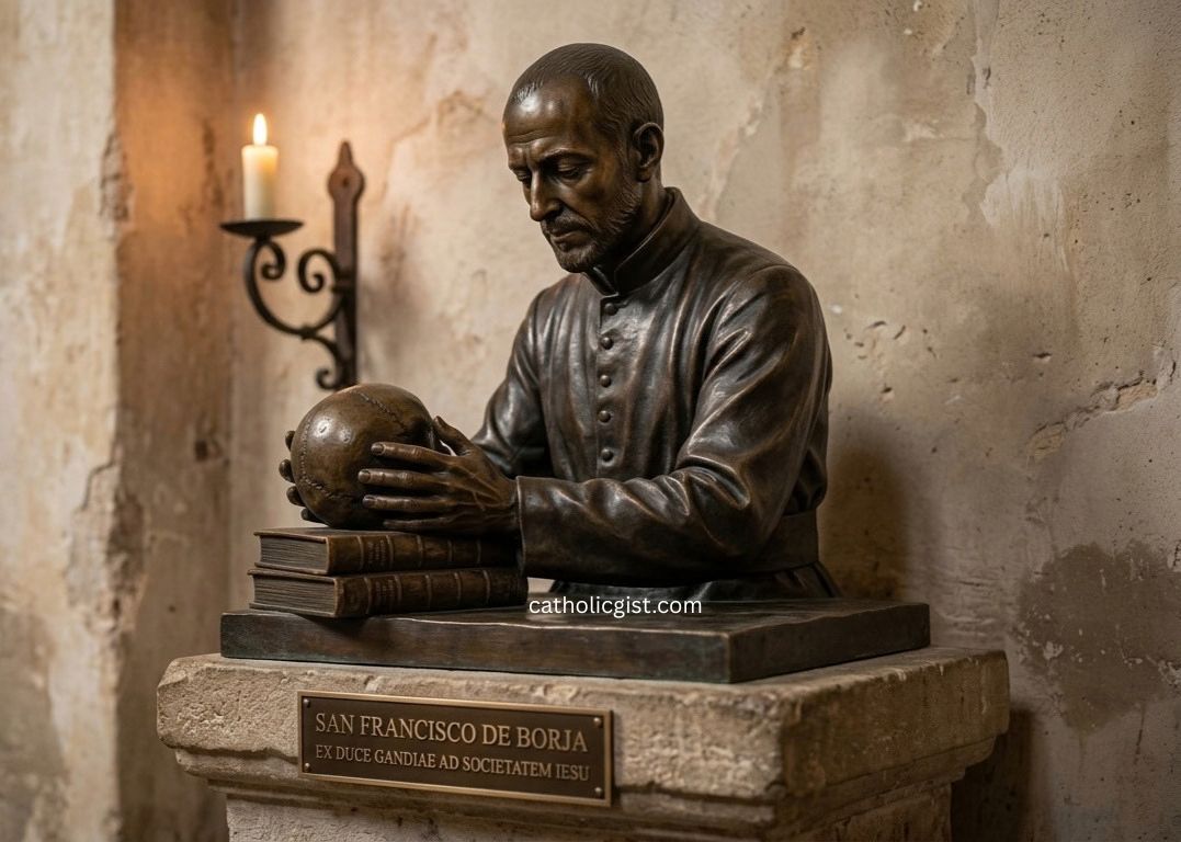 Saint Francis Borgia, the Spanish duke who became a Jesuit, holding a skull in prayer