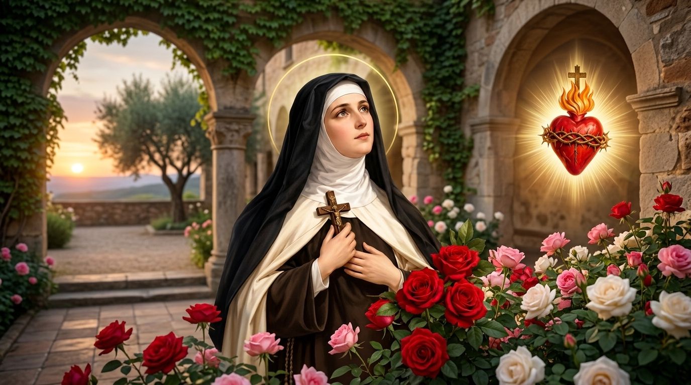 Saint Margaret Mary Alacoque in a Visitation habit, holding an image of the Sacred Heart of Jesus