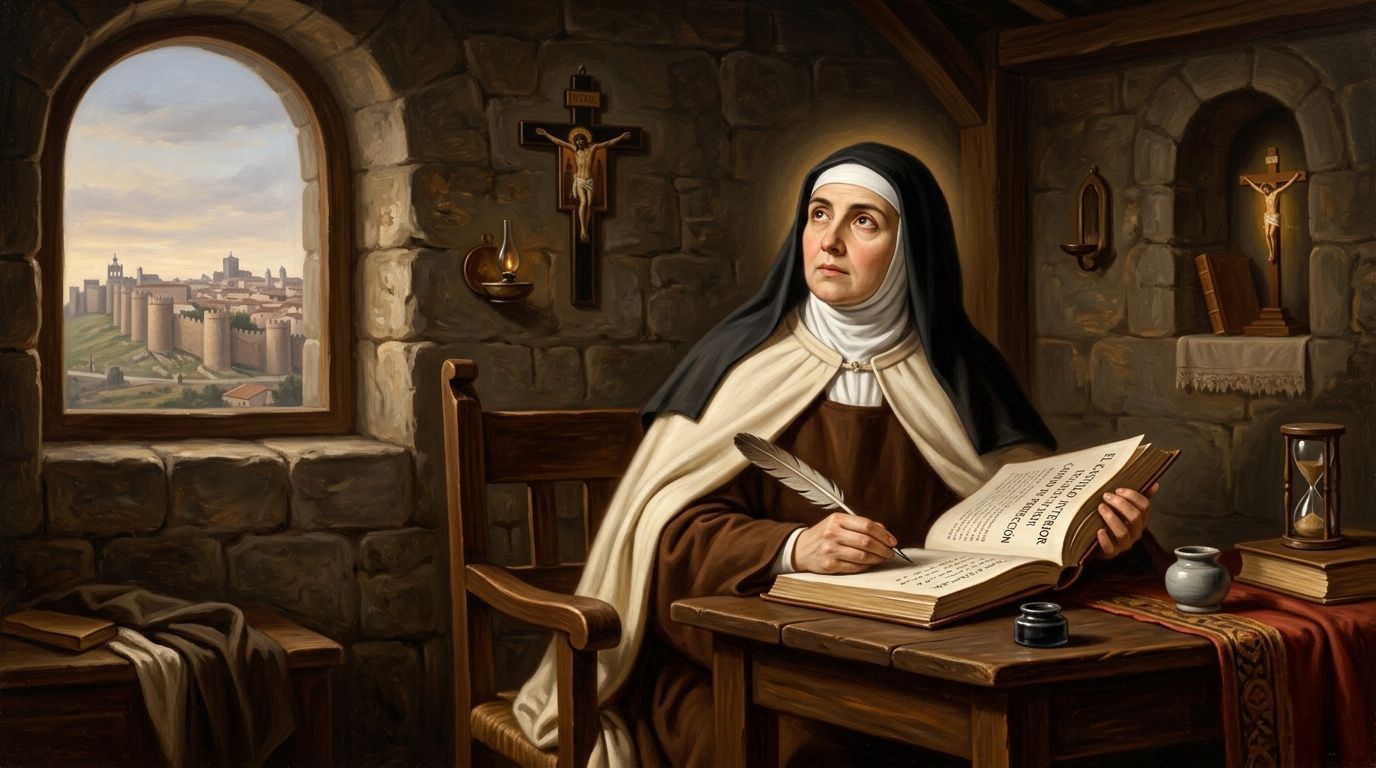 Saint Teresa of Avila, the Spanish Carmelite mystic, holding a pen and a book in prayer