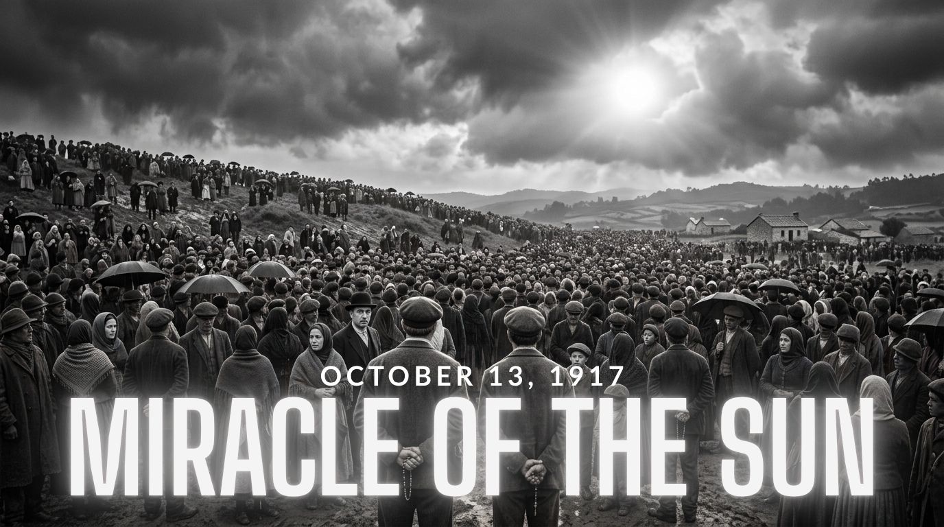 Crowd gazing at the sky during the Miracle of the Sun at Fatima, Portugal, on October 13, 1917